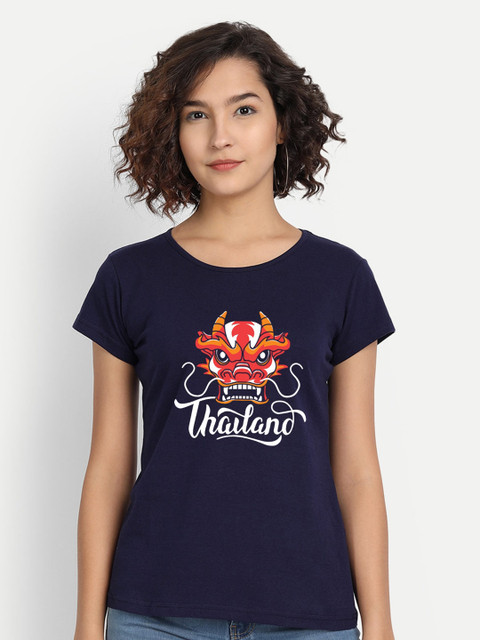 

BE AWARA Women Navy Blue White Printed Pure Cotton T-shirt