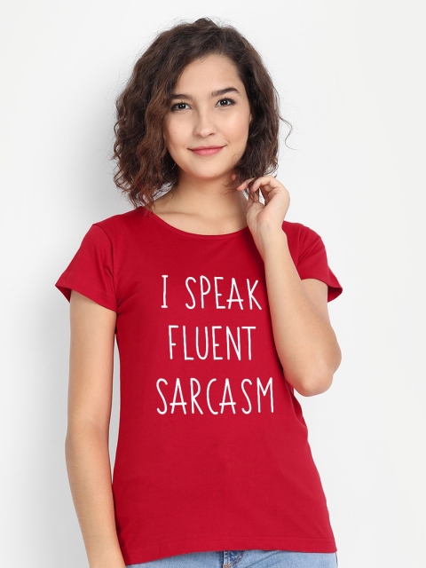 

BE AWARA Women Red & White Typography Printed T-shirt