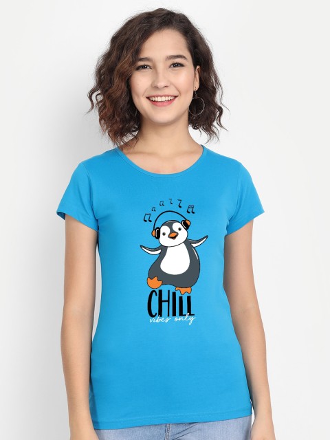 

BE AWARA Women Turquoise Blue Printed Pure Cotton T-shirt