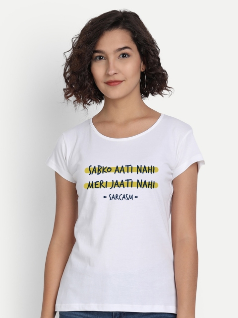 

BE AWARA Women White Black Typography Printed Pure Cotton T-shirt