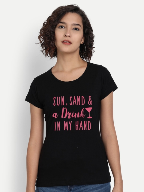 

BE AWARA Women Black Typography Printed Pure Cotton T-shirt