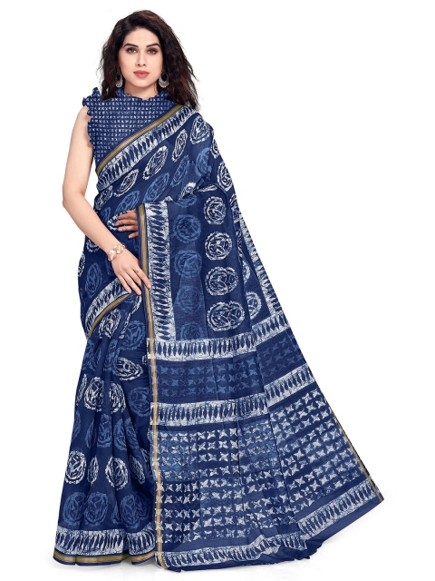 

KALINI Navy Blue & White Zari Saree