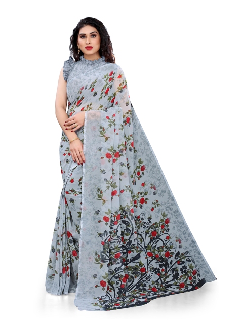 

KALINI Grey & Red Floral Bagh Saree