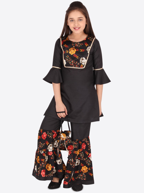 

CUTECUMBER Girls Black Floral Tiered Kurti with Sharara