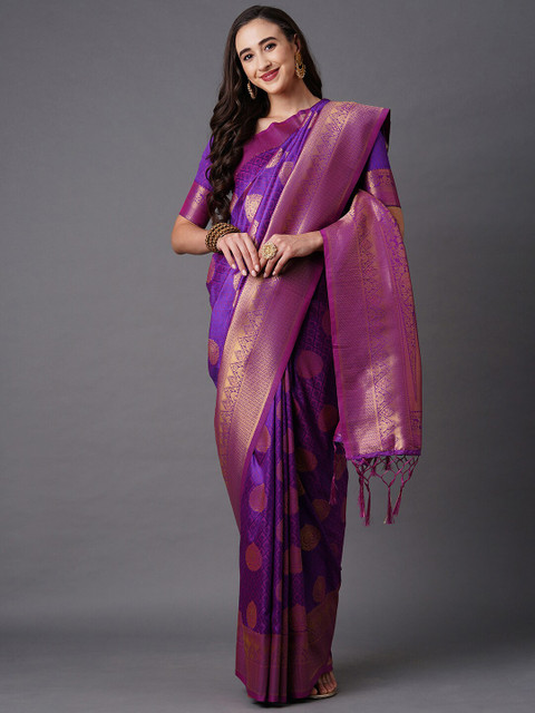 

Mitera Purple & Gold-Toned Woven Design Zari Silk Blend Banarasi Saree