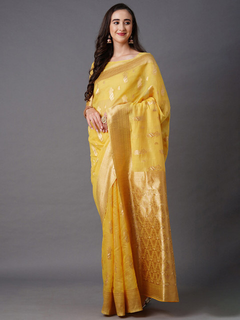 

Mitera Yellow & Gold-Toned Woven Design Zari Silk Blend Banarasi Saree