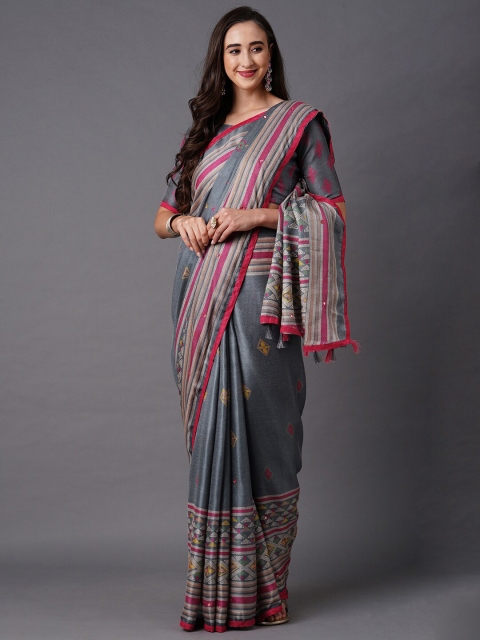 

Mitera Grey & Pink Mirror Work Jute Silk Saree