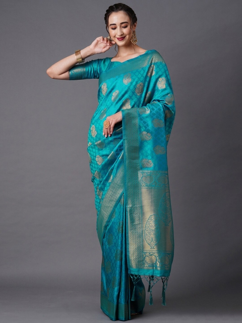 

Mitera Teal & Gold-Toned Ethnic Motifs Zari Silk Blend Banarasi Saree
