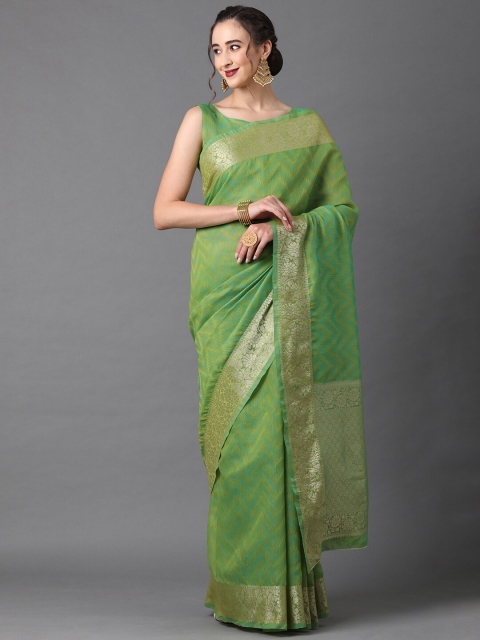 

Mitera Green & Gold-Toned Woven Design Zari Silk Cotton Banarasi Saree