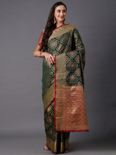

Mitera Green & Gold-Toned Woven Design Zari Silk Blend Kanjeevaram Saree