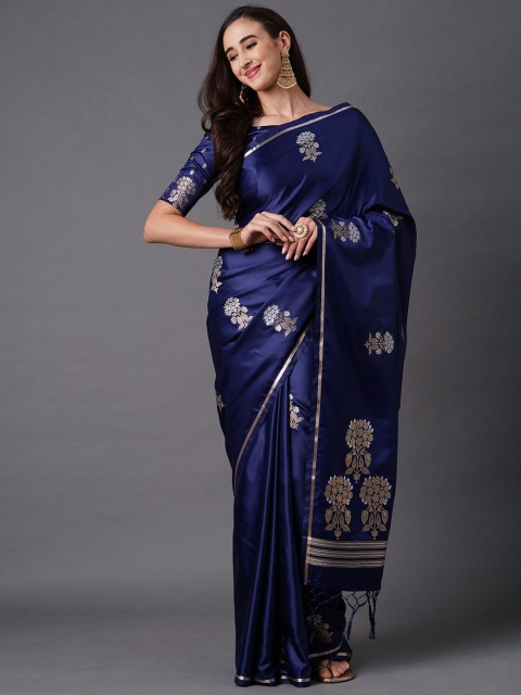 

Mitera Navy Blue Floral Silk Blend Banarasi Saree