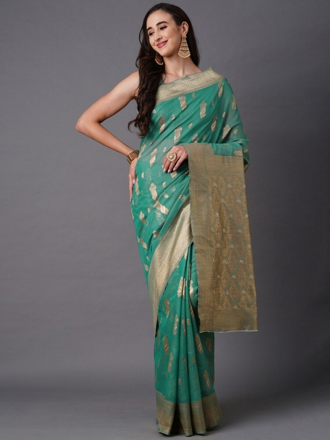 

Mitera Teal Green & Gold-Toned Floral Silk Blend Banarasi Saree