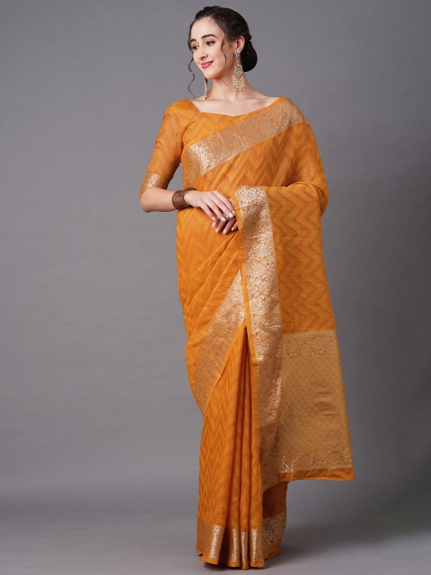 

Mitera Mustard Yellow & Gold-Toned Woven Design Zari Silk Cotton Banarasi Saree