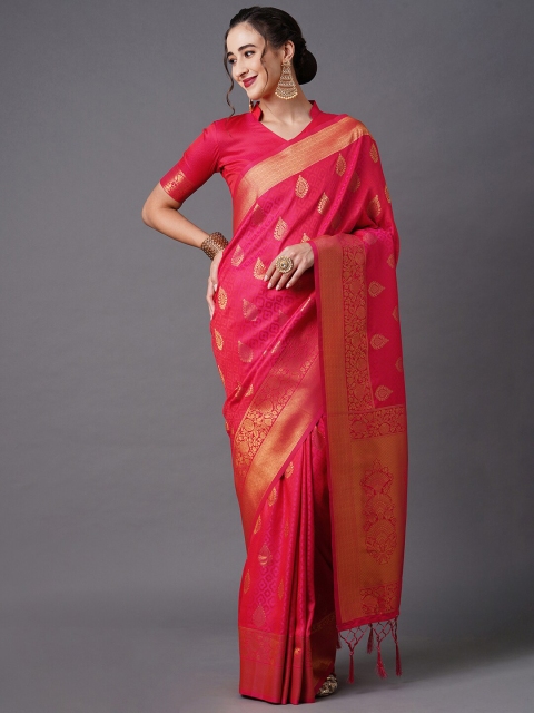 

Mitera Pink & Gold-Toned Woven Design Zari Silk Blend Banarasi Saree