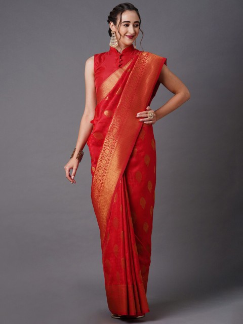 

Mitera Red & Gold-Toned Woven Design Zari Silk Blend Banarasi Saree