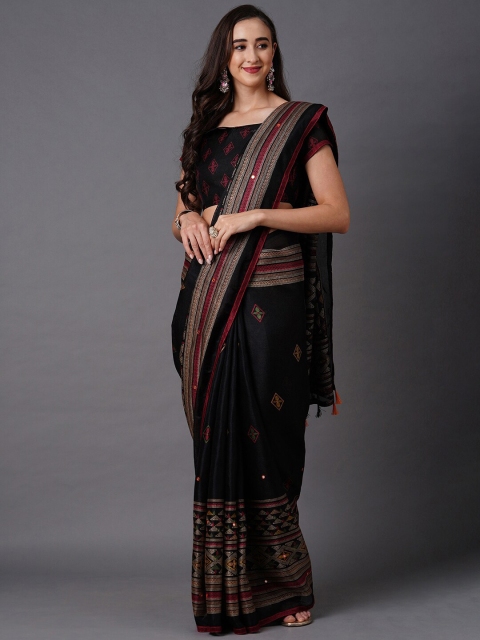 

Mitera Black & Pink Floral Mirror Work Jute Silk Saree