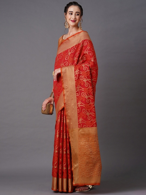 

Mitera Red & Gold-Toned Woven Design Zari Silk Blend Kanjeevaram Saree