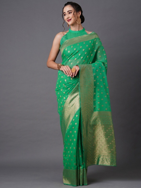 

Mitera Green & Gold-Toned Floral Silk Blend Banarasi Saree