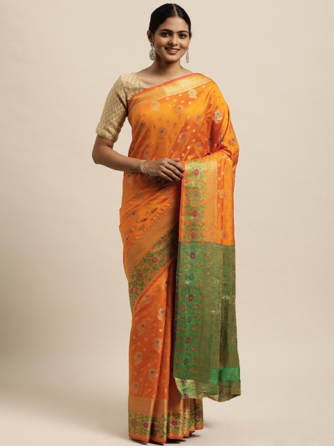 

SANGAM PRINTS Orange & Green Floral Zari Pure Silk Saree