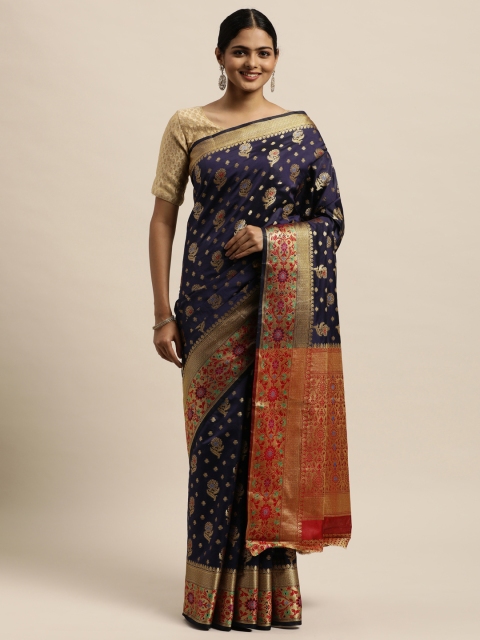

SANGAM PRINTS Navy Blue Floral Zari Pure Silk Saree