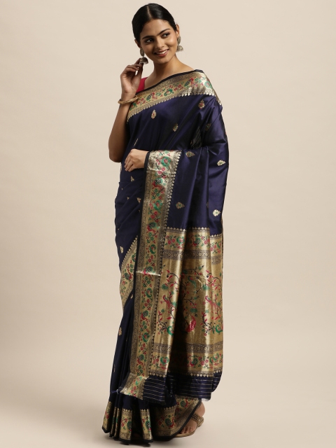

SANGAM PRINTS Navy Blue Ethnic Motifs Zari Pure Silk Saree