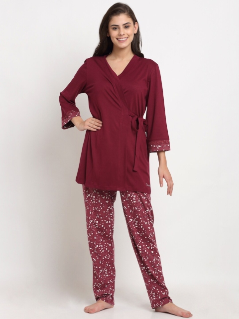 

Kanvin Women Red & White Cotton 3 Pc Night Suit with Gown