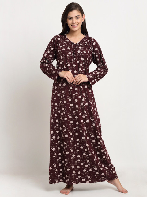 

Kanvin Brown Printed Pure Cotton Maxi Nightdress