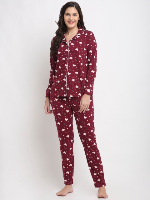 

Kanvin Women Maroon & White Printed Cotton Night suit