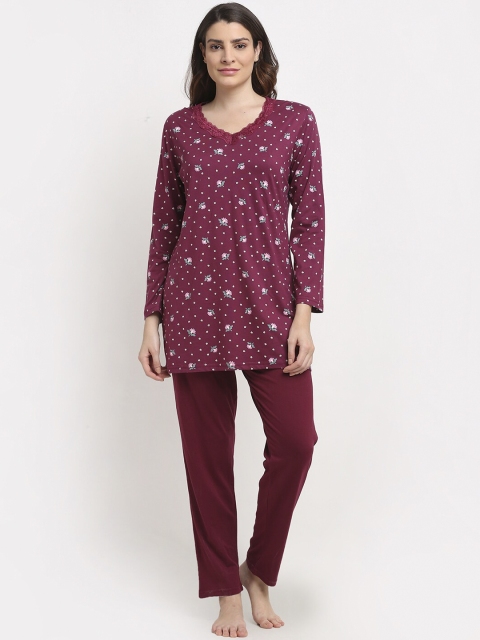 

Kanvin Women Maroon & Green Printed Pure Cotton Night Suit