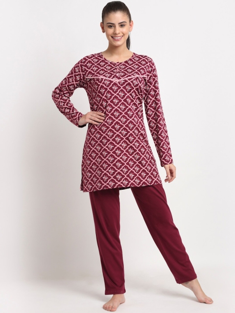 

Kanvin Women Maroon & White Printed Night suit
