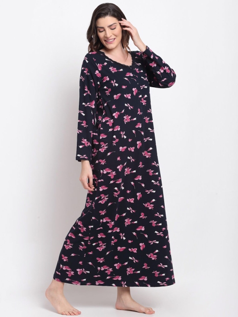 

Kanvin Navy Blue & Pink Floral Printed Pure Cotton Maxi Nightdress