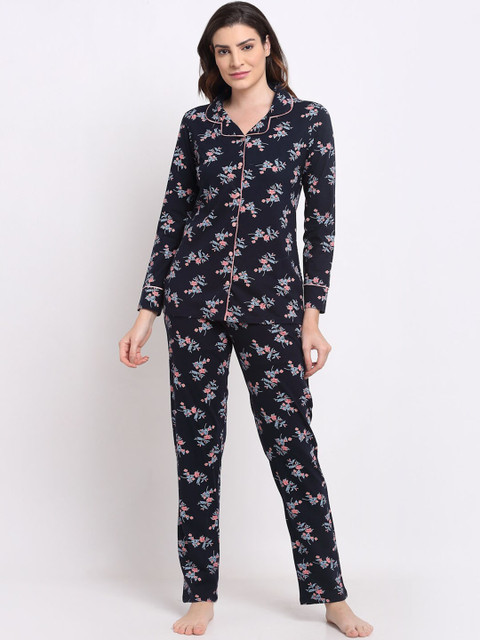 

Kanvin Women Navy Blue & Pink Printed Night suit
