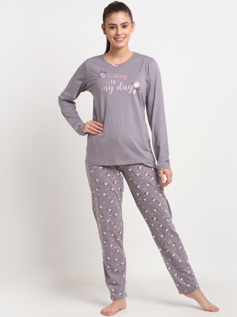 

Kanvin Women Grey & Pink Printed Pure Cotton Night Suit