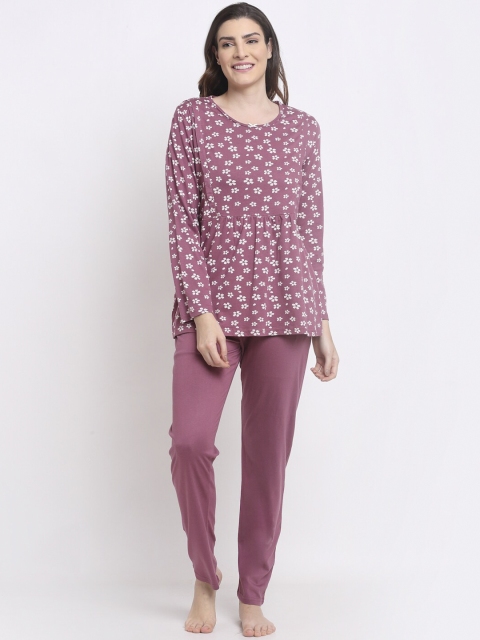

Kanvin Women Maroon & White Printed Night suit