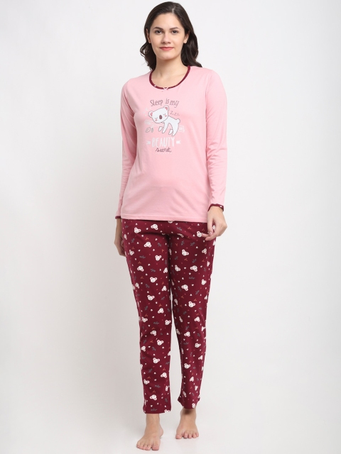 

Kanvin Women Pink & Maroon Printed Pure Cotton Night suit