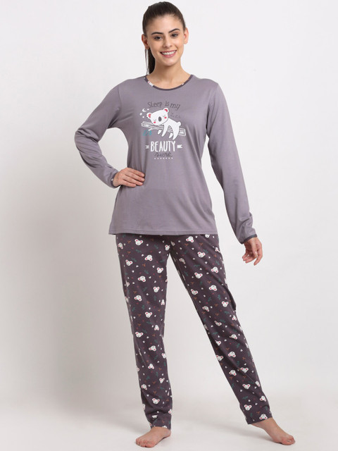 

Kanvin Women Grey & Purple Printed Night suit