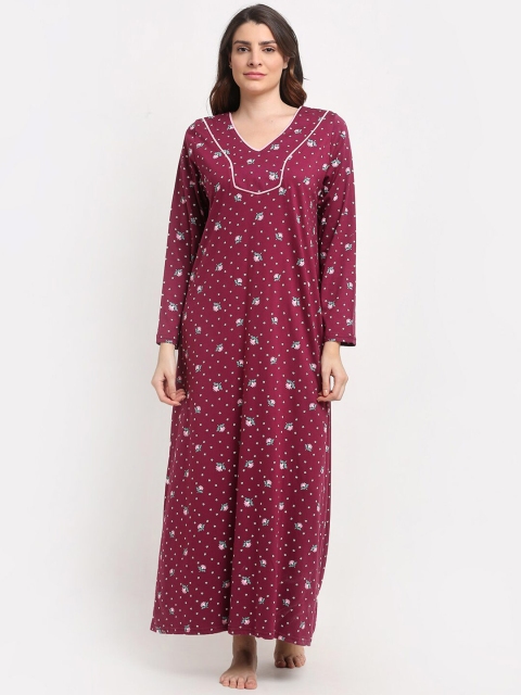 

Kanvin Maroon Printed Maxi Nightdress