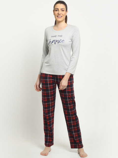 

Kanvin Women Grey & Red Printed Pure Cotton Night suit