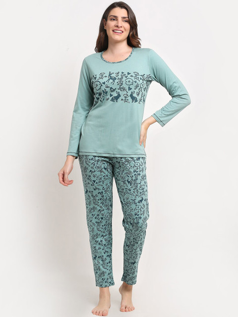 

Kanvin Women Teal Printed Night suit