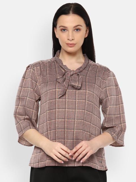 

Van Heusen Woman Women Pink Checked Tie-Up Neck Regular Top