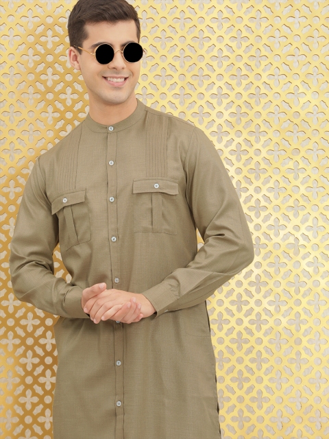 

Ode by House of Pataudi Men Olive Green Band Collar Cuffed Sleeves Pakistani Style Kurta