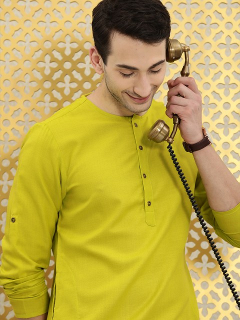 

Ode by House of Pataudi Men Lime Green Solid Regular Kurta