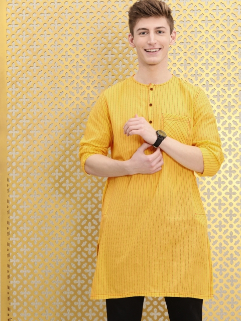 

Ode by House of Pataudi Men Yellow & Red Striped Thread Work Pure Cotton Rozana Kurta