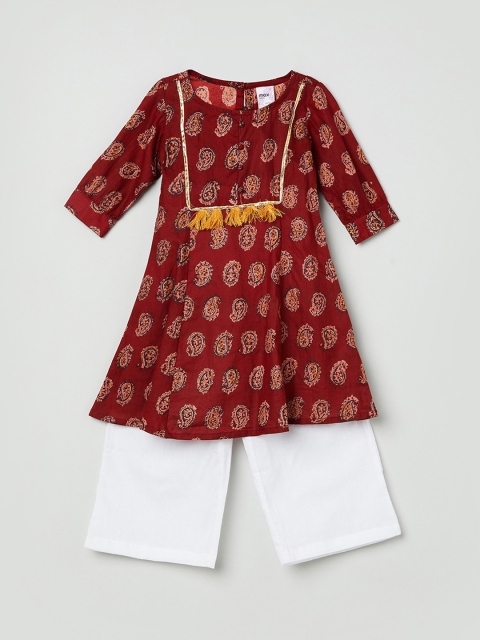 

max Girls Maroon Ethnic Motifs Printed Empire Pure Cotton Kurta with Palazzos