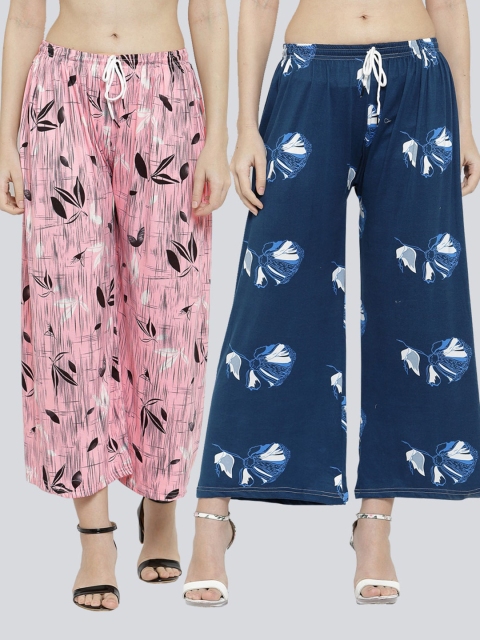 

KLOTTHE Women Navy Blue & Pink Pack of 2 Floral Printed Palazzos