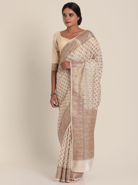

Suta Suta Women Off White & Gold-Toned Woven Design Ethnic Motif Silk saree