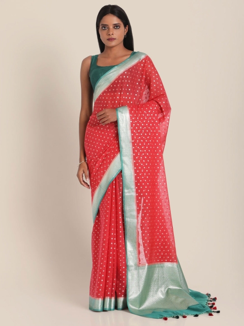 

Suta Women Red & Teal Green Woven Design PolycottonSaree