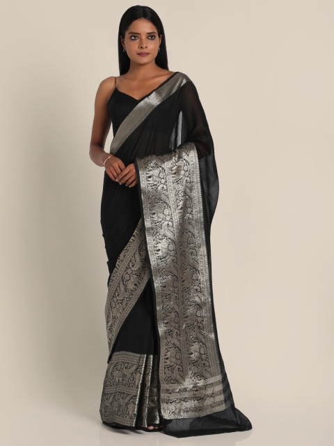 

Suta Black & Silver-Toned Woven Designed Banarasi Saree