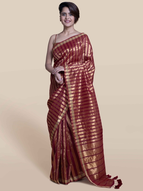 

Suta Maroon & Gold-Toned Striped Linen Blend Saree