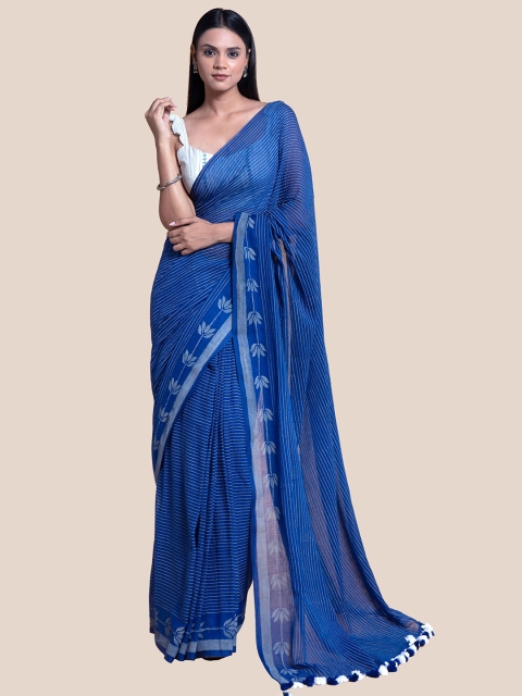 

Suta Blue & White Striped Saree with Hand Block Print
